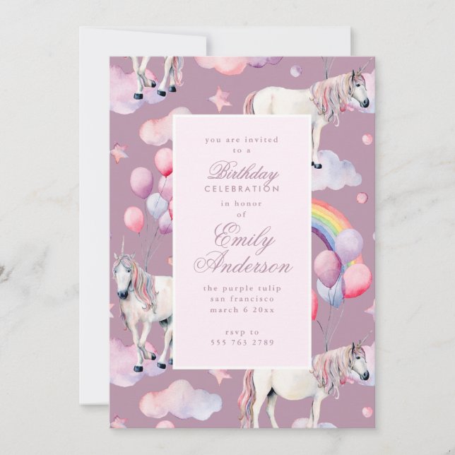 Unicorn Rainbow Balloons Pink Birthday Party Girl Invitation (Front)