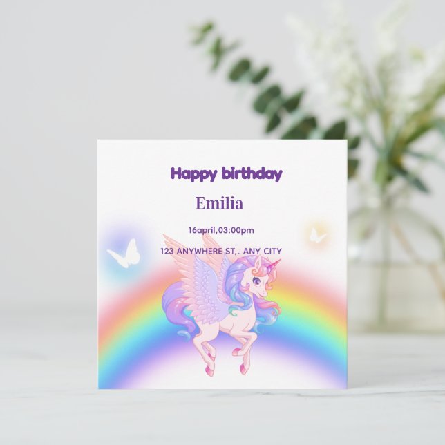Unicorn Rainbow Birthday Invitation Flat Card (Standing Front)