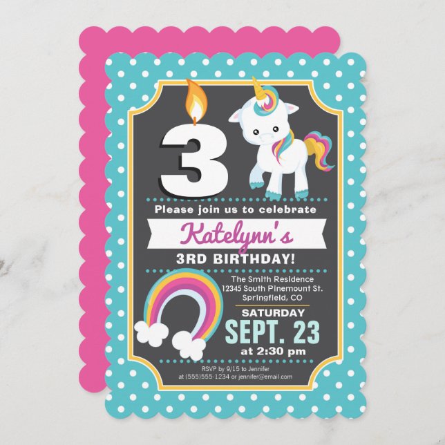 Unicorn & Rainbow Birthday Invitation Girl (Front/Back)