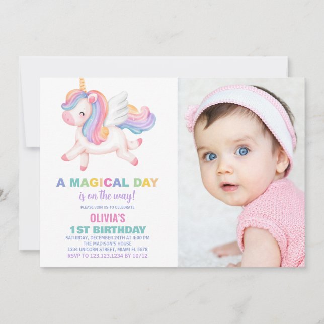 Unicorn Rainbow Birthday Invitations with photo (Front)