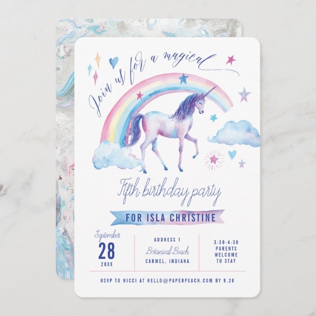 Unicorn Rainbow Birthday Party Invitation (Front/Back)