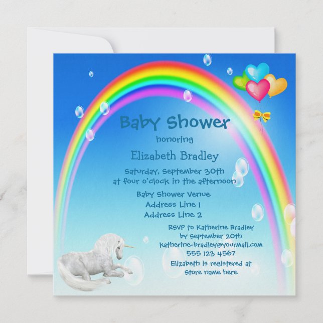 Unicorn, Rainbow & Bubbles Baby Shower Invitation (Front)
