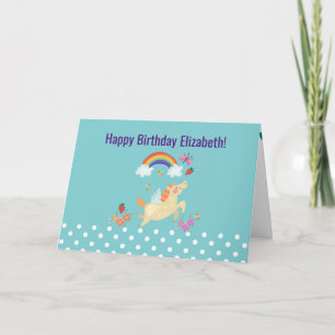 Unicorn Rainbow Clouds and Flowers Happy Birthday Card