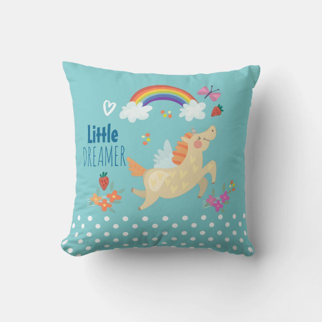 Unicorn Rainbow Clouds and Flowers Little Dreamer Cushion (Front)
