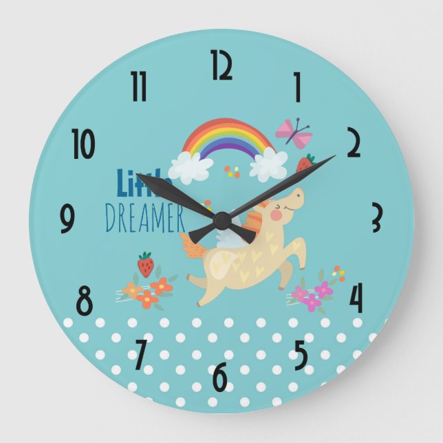 Unicorn Rainbow Clouds and Flowers Little Dreamer Large Clock (Front)