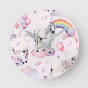 Unicorn Rainbow Clouds Pink FairyTale Balloon Girl Round Clock