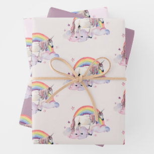 Unicorn Rainbow Clouds Pink FairyTale Party Girl Wrapping Paper Sheet