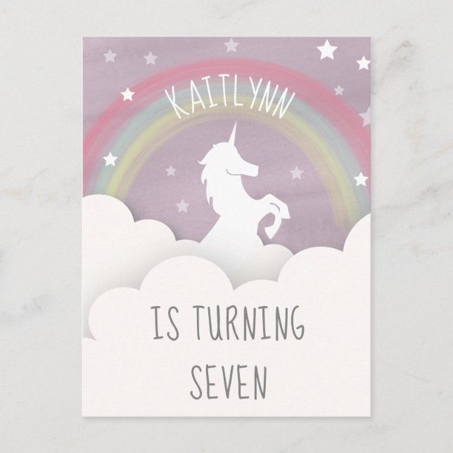 Unicorn Rainbow Clouds Stars Birthday Invitation Postcard (Front)