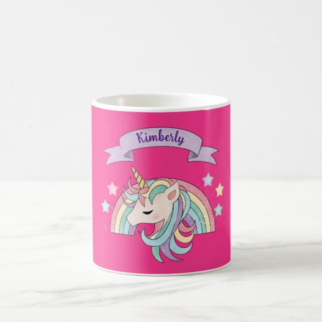 Unicorn & Rainbow Custom Name on Hot Pink Coffee Mug (Center)