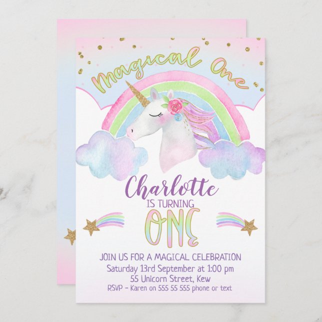 Unicorn Rainbow First Birthday Invitation (Front/Back)