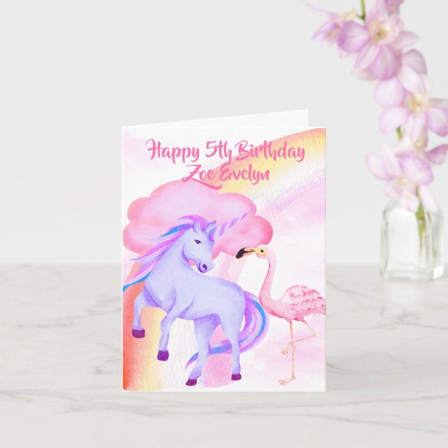 Unicorn Rainbow Flamingo Girls 5th Birthday Card (Orchid)