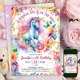Unicorn Rainbow Floral Bloom   4th Birthday  Invitation