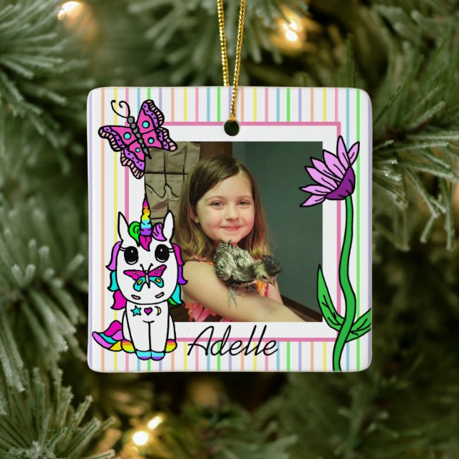 Unicorn,  Rainbow, Flower Name and Photo Christmas Ceramic Ornament (Tree)