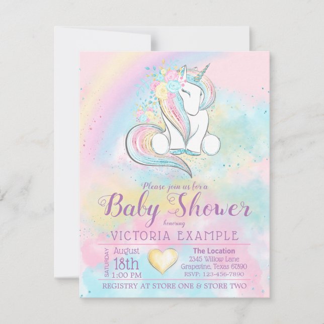 Unicorn Rainbow Girl Baby Shower Invitations (Front)