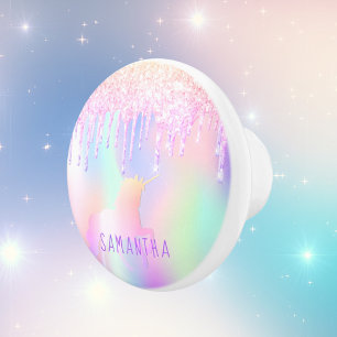 Unicorn rainbow glitter drips girl ceramic knob