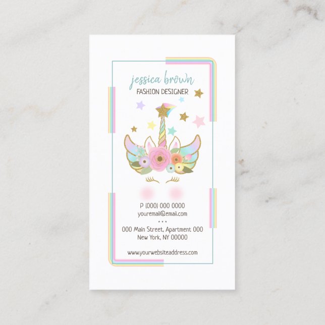 Unicorn rainbow glitter gold business card (Back)