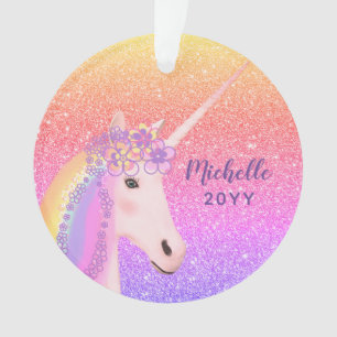 Unicorn Rainbow Glitter Stylish Kids Personalised Ornament