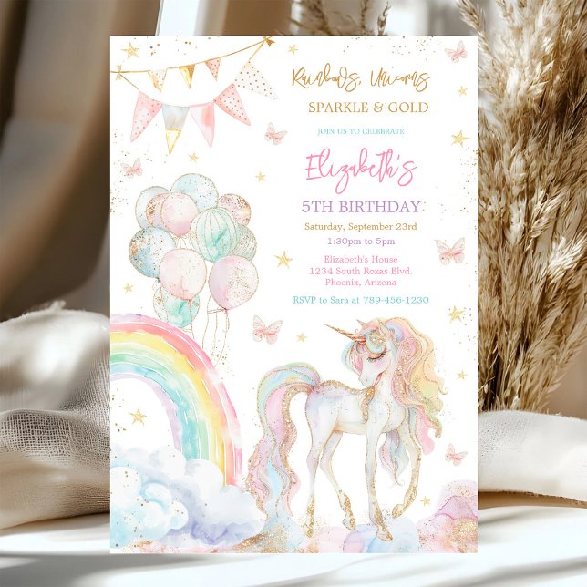 Unicorn Rainbow Gold Birthday Invitation (Creator Uploaded)