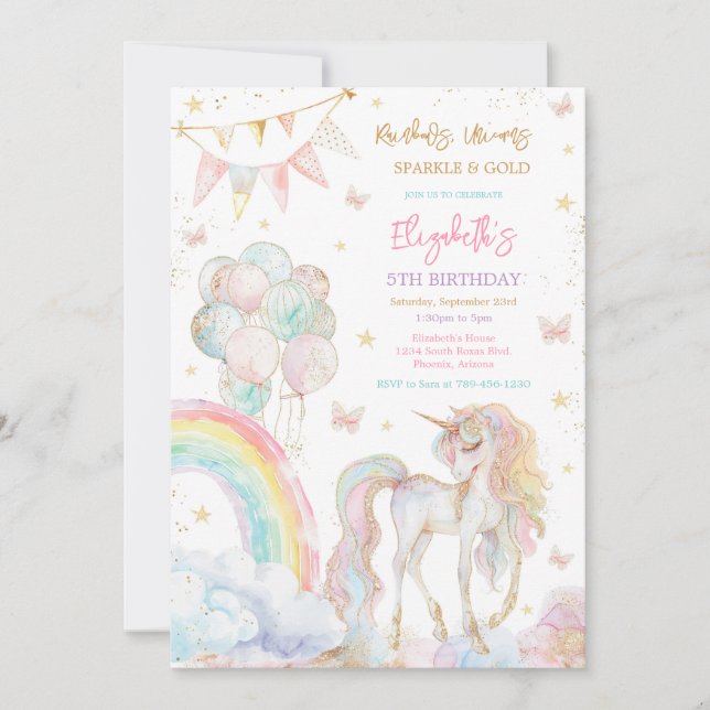 Unicorn Rainbow Gold Birthday Invitation (Front)