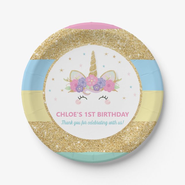 Unicorn Rainbow Gold Glitter Birthday Party Paper  Plate (Front)