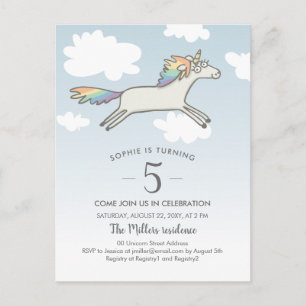Unicorn Rainbow Hand Drawn Cute 5th Birthday Invitation Postcard