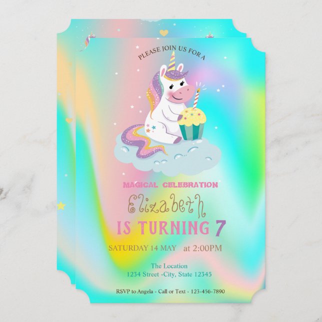Unicorn Rainbow Holographic Magical Birthday Invitation (Front/Back)