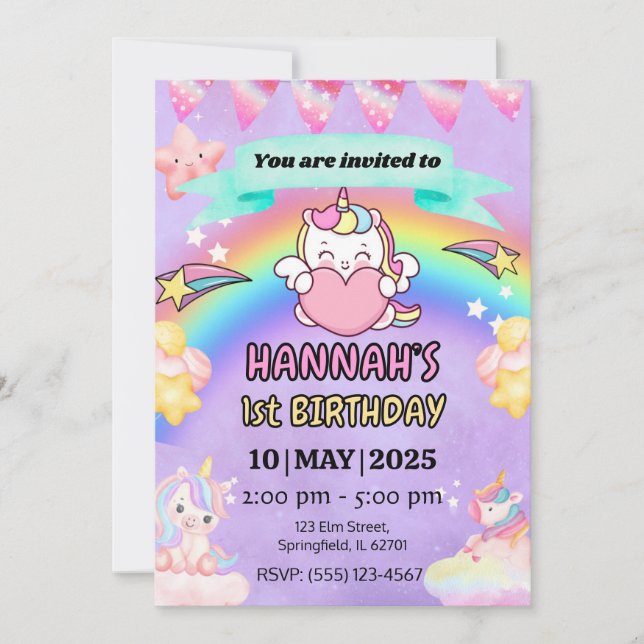 Unicorn Rainbow Invitation 1st Birthday Party (Front)