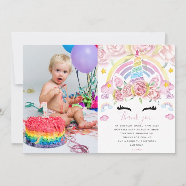 Unicorn Rainbow Magical Birthday Photo Thank You Card (Front)