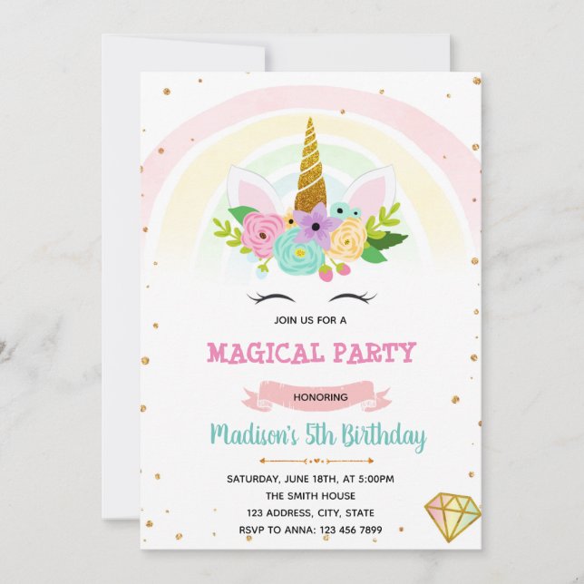 Unicorn rainbow magical shower birthday invitation (Front)