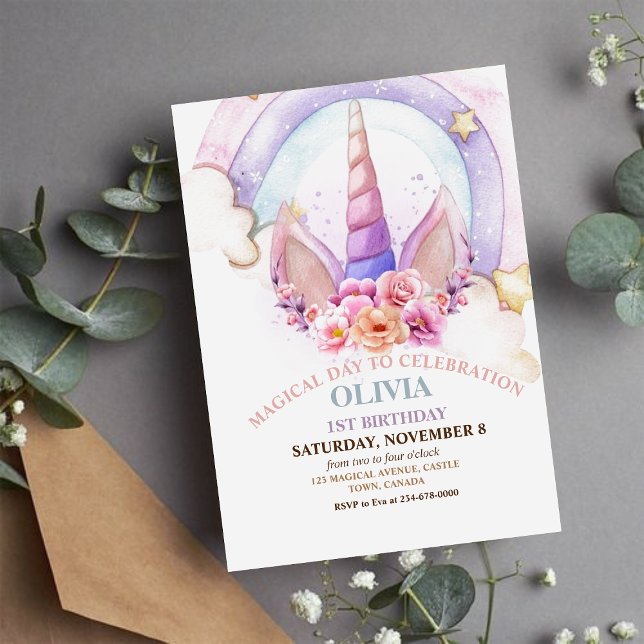 Unicorn Rainbow Magical World 1st Birthday Invitation (Creator Uploaded)