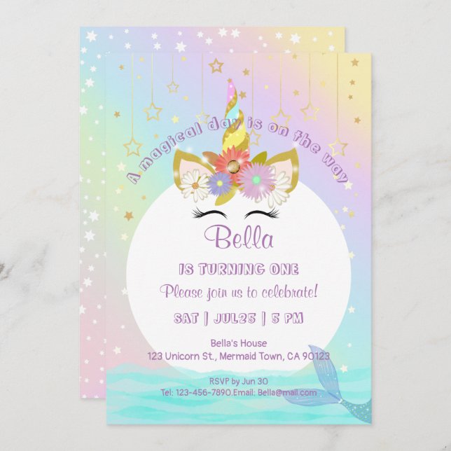 Unicorn Rainbow Mermaid First Birthday Invitations (Front/Back)