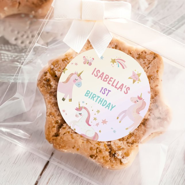 Unicorn Rainbow Pastel First Birthday Classic Round Sticker (Creator Uploaded)