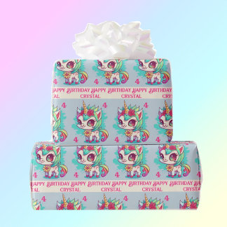 Unicorn Rainbow Personalise Name & Age Girl's Wrapping Paper