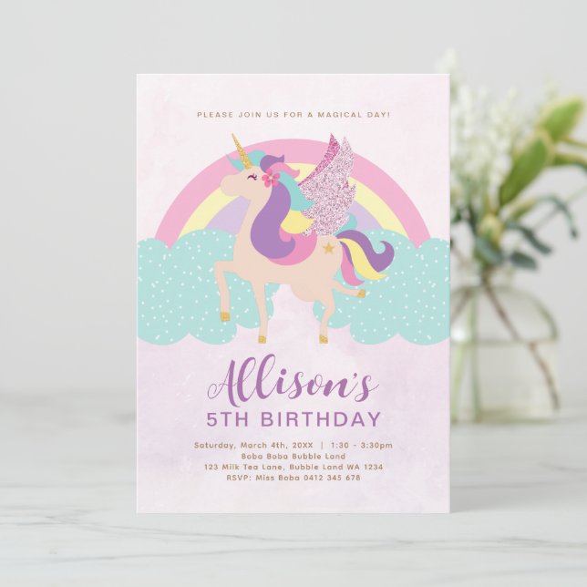 Unicorn Rainbow Personalised Birthday Invitation (Standing Front)