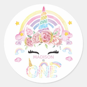 Unicorn Rainbow Personalised First Birthday Classic Round Sticker