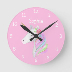 Unicorn Rainbow Personalized Girl Name Pastel Round Clock