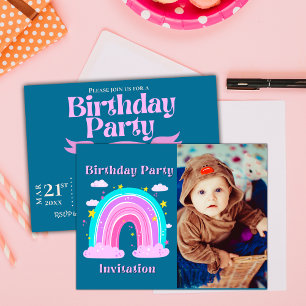 Unicorn Rainbow Photo Kids Birthday Invitation Postcard