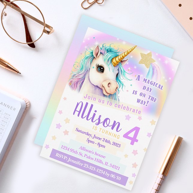 Unicorn rainbow pink birthday invitation (Creator Uploaded)
