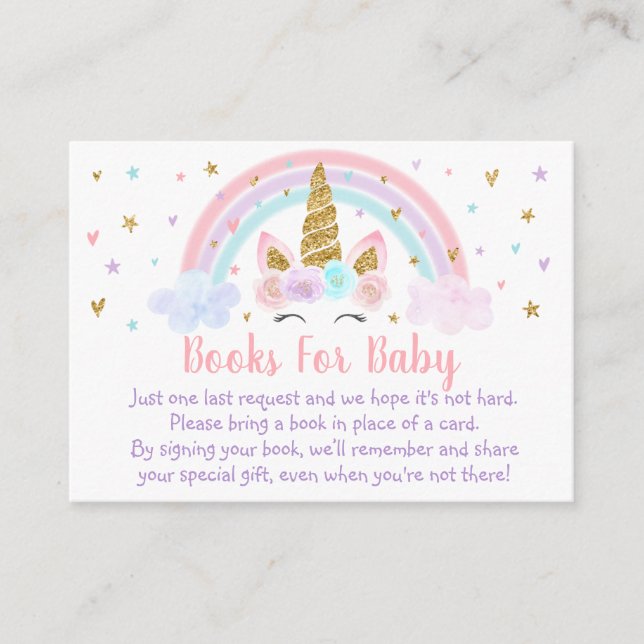 Unicorn Rainbow Pink Gold Baby Shower Book Request Enclosure Card (Front)