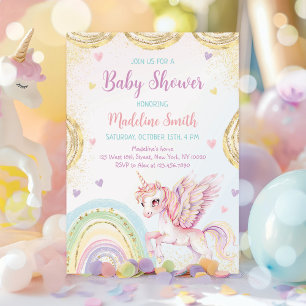 Unicorn Rainbow Pink Gold Baby Shower Invitation