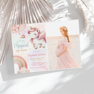 Unicorn Rainbow Pink Gold Baby Shower Photo Invitation