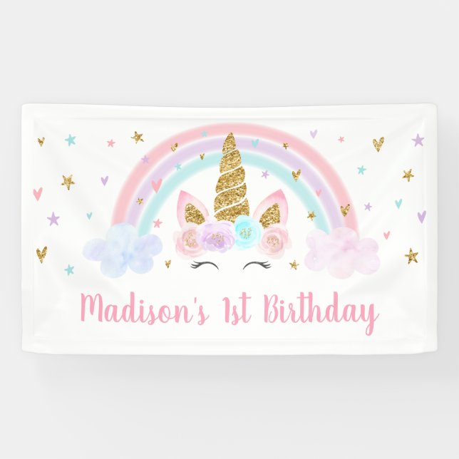 Unicorn Rainbow Pink Gold Birthday Banner (Horizontal)