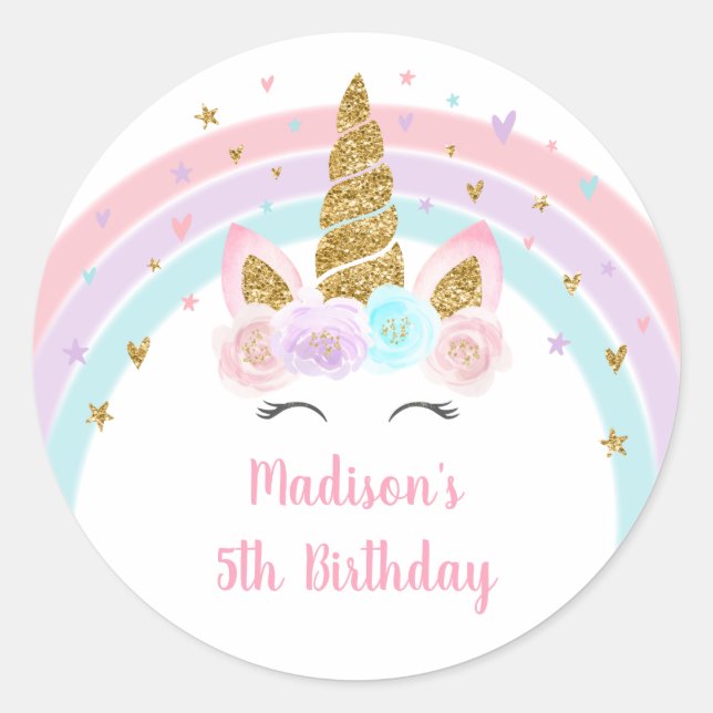 Unicorn Rainbow Pink Gold Birthday Classic Round Sticker (Front)