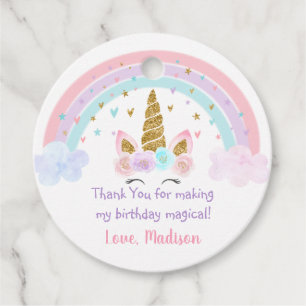 Unicorn Rainbow Pink Gold Birthday Favour Tags