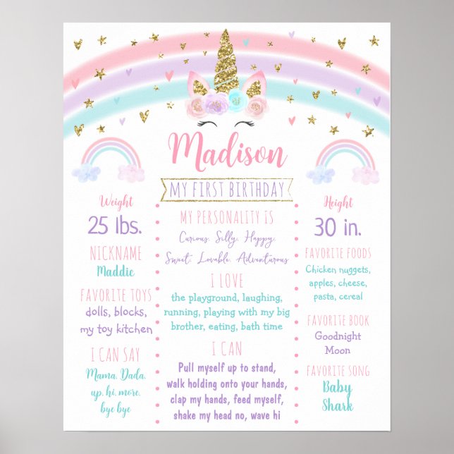 Unicorn Rainbow Pink Gold First Birthday Milestone Poster (Front)