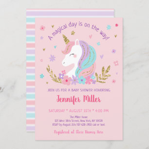 Unicorn Rainbow Pink Gold Floral Baby Shower Invitation