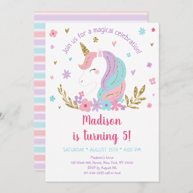 Unicorn Rainbow Pink Gold Floral Wreath Birthday I Invitation (Front/Back)