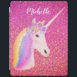 Uniçorn Rainbow Pink Gold Glitter Girly Customized iPad Cover<br><div class="desc">Uniçorn Rainbow Pink Gold Glitter Girly Customized iPad Smart Cover Designed with pretty bright pink and gold faux glitter sparkles background. A big white uniçorn head/face with rainbow hair and flowers is on the front center. Personalized with name in white calligraphy script lettering across the top area. Makes a cute...</div>