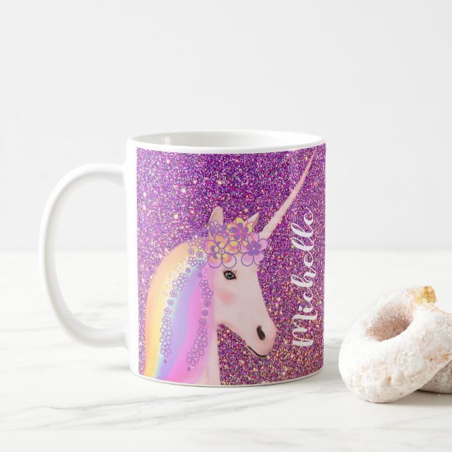 Unicorn Rainbow Pink Gold Glitter Ombre Custom Coffee Mug (With Donut)