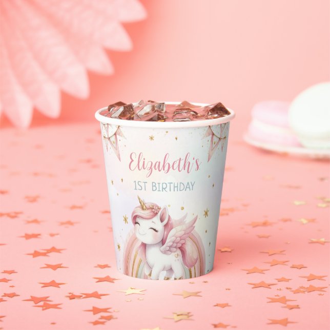 Unicorn Rainbow Pink Gold Pastel Birthday Paper Cups (Insitu)